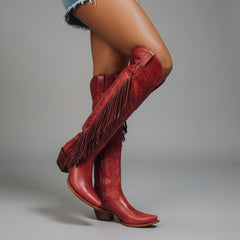 Tuhoomall Fringe Western Knee High Boots for Women, Soft Vegan Suede, Embroidered Design, Perfect for Vintage, Casual, and Party Wear