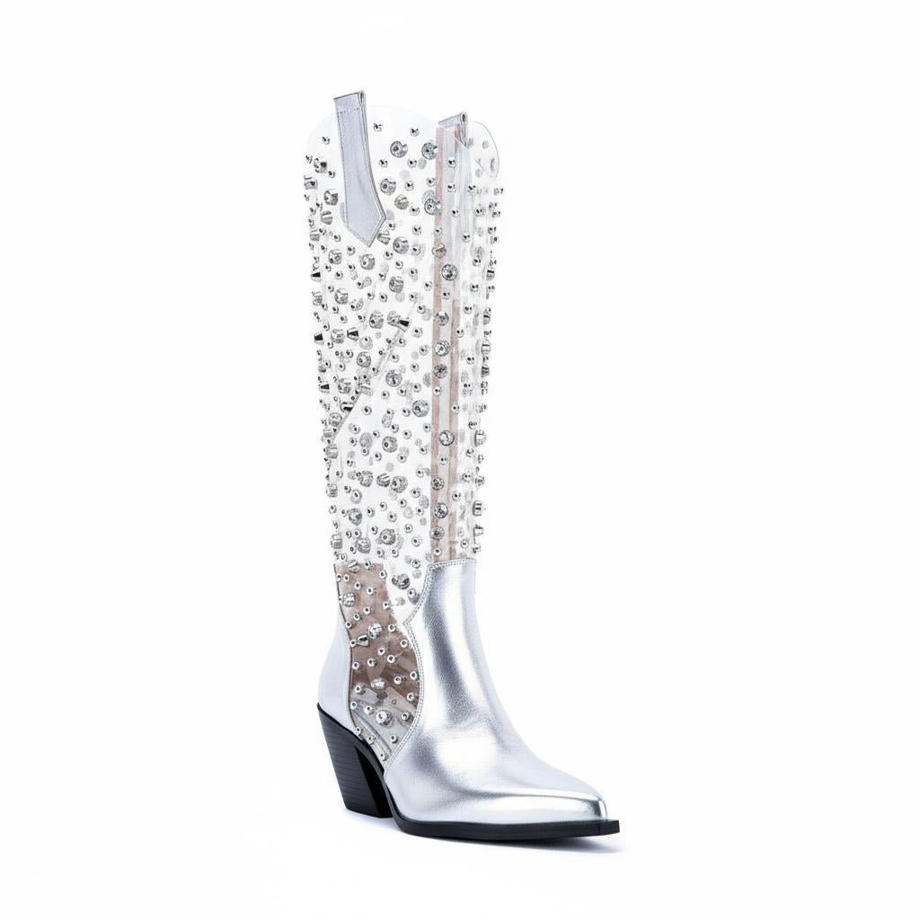 Tuhoomall Mid Calf Cowboy Boots with Rhinestones, Chunky Heel for Casual & Performance Style, Vegan Leather Zipper Closure, Comfortable & Durable Design Tuhoomall