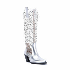 Tuhoomall Mid Calf Cowboy Boots with Rhinestones, Chunky Heel for Casual & Performance Style, Vegan Leather Zipper Closure, Comfortable & Durable Design Tuhoomall