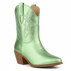 Tuhoomall Western Ankle Boots with Embroidered Pattern, 5cm Chunky Heel, Slip-On Design for Fashion and Travel, Durable Synthetic Fabric Lining