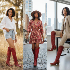 Tuhoomall Western Knee High Boots with Embroidered Design, 2.25 Inch Chunky Heel, Perfect for Fashion, Travel, Parties and Everyday Wear