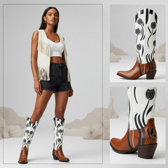 Tuhoomall Western Style Mid Calf Boots With Floral Embroidery - Casual Fashion Footwear For Travel And Parties, 2.00 In Heel, Snip Toe Design