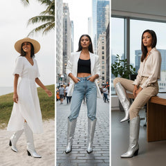 Tuhoomall Western Knee-High Boots for Women, Slip-On High Heels 3.74in, Metallic Finish, Fashion-Forward Design, Perfect for Performances and Street Style