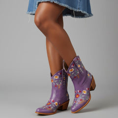 Tuhoomall Stylish Western Ankle Boots with Floral Embroidery, Rubber Sole, Chunky 5cm Heel for Classic and Casual Looks