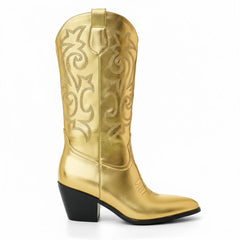 Tuhoomall Cow Pattern Western Boots for Women, Round Toe, Chunky 1.57in Heel, Casual Slip-On Mid-Calf Design, Stylish All-Season Footwear