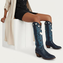 Tuhoomall Western Knee High Boots With Rubber Sole, 5cm Chunky Heel, Embroidered Sweet Pink Hearts For Casual Fashion All Year Round