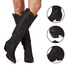 Tuhoomall Western Mid Calf Boots for Women, Embroidered Pointed Toe, Chunky Heel, Slip-On Design for Casual Style