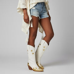Tuhoomall Off White Star Metallic Gold Applique Wide Mid Calf Boots Slanted Heeled Cowgirl Boots