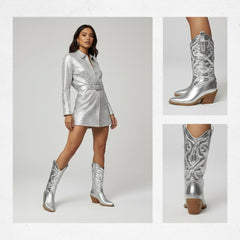 Tuhoomall Comfortable Western Boots for Women – 6cm Low Chunky Heel, Slip-On Design with Floral Embroidery - Fashionable All-Season Style