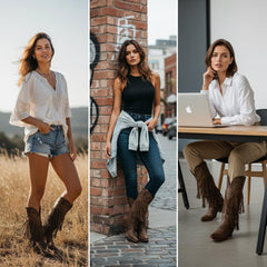 Tuhoomall Western Knee-High Cowboy Boots, Chunky Heel, Fringe & Studs, Retro Style, Casual Wear, All Seasons