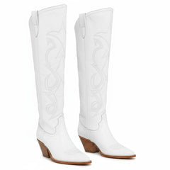 Tuhoomall Western Over-the-Knee Boots with Chunky Heel, Embroidered Vegan Leather for Fashionable Travel & Classic Style, Thigh-High Solid Color Design