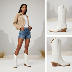 Tuhoomall Western Chunky Heel Women's Cowboy Boots, Comfortable Slip-On, Retro Embroidered Design, Non-Slip Sole for Travel and Casual Wear