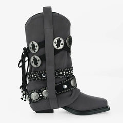 Tuhoomall Western Cowboy Boots for Women, Mid-Calf Pointed Toe, Chunky Heel Slip-On, Stylish Faux Suede with Hardware Accents, Ideal for All Seasons Tuhoomall