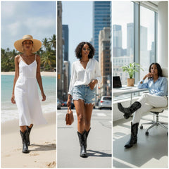 Tuhoomall Western Cowgirl Mid Calf Boots With Snip Toe, Chunky Heel, Embroidered Patchwork, Studded Design For Outdoor Fashion