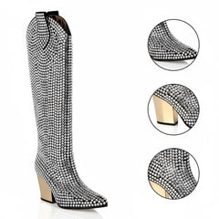 Tuhoomall Rhinestone Western Mid-Calf Boots for Women, Stylish 3.15 in Chunky Heel, Vegan Suede, Perfect for Parties and Performances