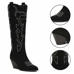 Tuhoomall Western Mid Calf Boots With Floral Embroidery And Rhinestones, Casual Style For Parties And Travel, Comfortable Rubber Sole, Chunky Heel 3.00 in