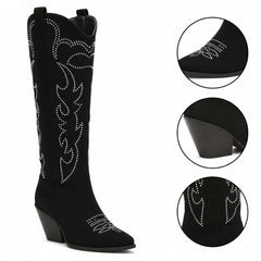 Tuhoomall Western Mid Calf Boots With Floral Embroidery And Rhinestones, Casual Style For Parties And Travel, Comfortable Rubber Sole, Chunky Heel 3.00 in Tuhoomall