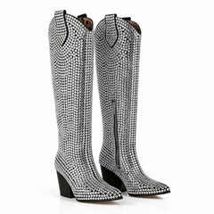 Tuhoomall Rhinestone Western Mid-Calf Boots for Women, Stylish 3.15 in Chunky Heel, Vegan Suede, Perfect for Parties and Performances