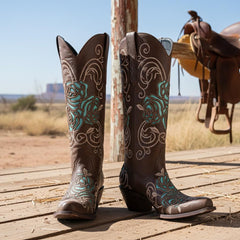 Tuhoomall Western Cowgirl Boots, Floral Embroidered Slip-On, Chunky Heel Mid Calf, Durable Rubber Sole for Casual Outdoor Fashion