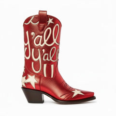 Tuhoomall Comfortable Western Boots for Fashion Parties and Daily Wear with Star and Letter Embroidery, Chunky Heel, Slip-On Design Tuhoomall