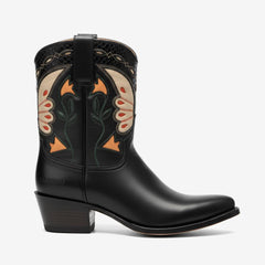 Tuhoomall Fashion Western Ankle Boots with Embroidered Floral Design for Casual Travel - 6cm Chunky Heel, Comfortable Slip-On Style