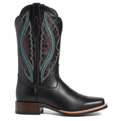 Tuhoomall Western Mid Calf Boots For Women, Chunky Heel, Square Toe, Embroidered Design, Slip-On, Fashion Casual, All Season, Rubber Sole