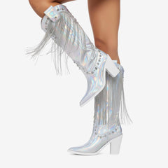 Tuhoomall Chunky Heel Western Rhinestone Booties with Fringes for Fashion Events, Pointed Toe, Slip-On Style, All-Day Comfort, Eye-Catching Design