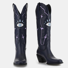 Tuhoomall Western Cowgirl Boots For Women - Stylish Chunky Heel Mid Calf Slip-On With Embroidered Geometric Design Tuhoomall