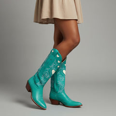 Tuhoomall Western Knee High Boots With Rubber Sole, 5cm Chunky Heel, Embroidered Sweet Pink Hearts For Casual Fashion All Year Round