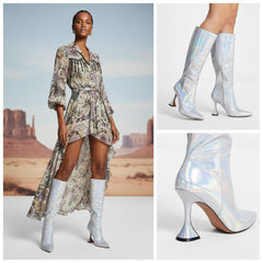 Tuhoomall Iridescent Mid Calf Stiletto Heeled Boots for Parties and Performances, Fashionable Vegan Leather, Pointed Toe, Easy Slip-On, 9.5cm Height