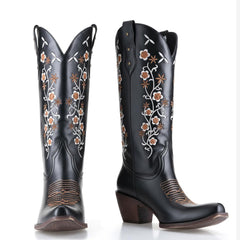 Tuhoomall Western Cowgirl Boots for Women, Floral Embroidery, Retro Slip-On Style, Comfortable Chunky Heel, Versatile Fashion Footwear Tuhoomall