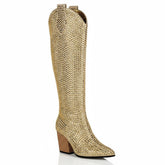 Tuhoomall Rhinestone Western Mid-Calf Boots for Women, Stylish 3.15 in Chunky Heel, Vegan Suede, Perfect for Parties and Performances