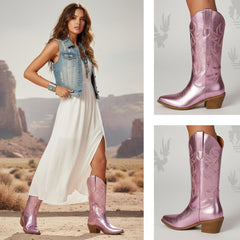 Tuhoomall Western Chunky Heel Women's Cowboy Boots, Comfortable Slip-On, Retro Embroidered Design, Non-Slip Sole for Travel and Casual Wear