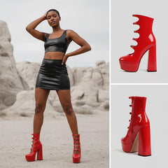 Tuhoomall Gothic High Ankle Boots for Parties and Performances, Thick Sole with Adjustable Strap, Durable Leather, 15.5cm Chunky Heels