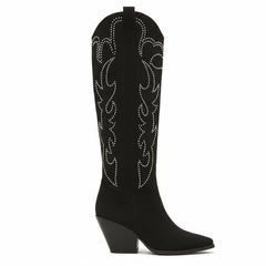 Tuhoomall Western Mid Calf Boots With Floral Embroidery And Rhinestones, Casual Style For Parties And Travel, Comfortable Rubber Sole, Chunky Heel 3.00 in