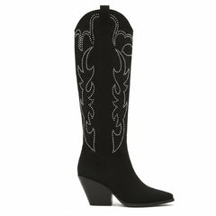Tuhoomall Western Mid Calf Boots With Floral Embroidery And Rhinestones, Casual Style For Parties And Travel, Comfortable Rubber Sole, Chunky Heel 3.00 in Tuhoomall
