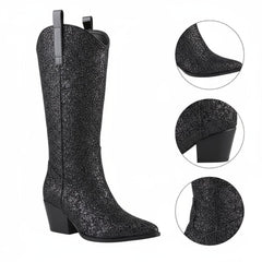 Tuhoomall Western Block Heel Ankle Boots with Glitter Detail, 2.50 in Heel Height, Stylish for Parties and Performances, Faux Leather Lining