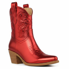 Tuhoomall Comfortable Western Ankle Boots for Fashion, Travel, and Leisure - Embroidered Genuine Leather, 5.5cm Chunky Heel, Slip-On Design