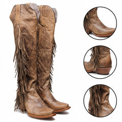 Tuhoomall Fringe Western Knee High Boots for Women, Soft Vegan Suede, Embroidered Design, Perfect for Vintage, Casual, and Party Wear
