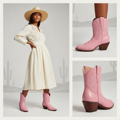 Tuhoomall Western Ankle Boots for Women, Floral Embroidery, Chunky Heel 1.97 in, Slip-On, Stylish Casual for All Seasons, High Ankle