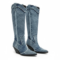 Tuhoomall Western Style Knee High Boots for Women, Retro Chunky Heels, Distressed Denim, Chic Pointed Toe, All-Season Slip-On Comfort