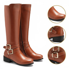Tuhoomall Knee High Boots For Women With Round Toe And Low Chunky Heel, Classic Style For Parties And Performances, Adjustable Buckle Closure, Retro Fashion
