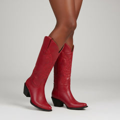 Tuhoomall Western Cowgirl Boots Mid Calf Chunky Heel Slip-On Embroidered Fashion Boots for Travel Outdoor Classic Style