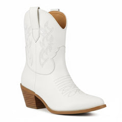 Tuhoomall Western Ankle Boots with Embroidered Pattern, 5cm Chunky Heel, Slip-On Design for Fashion and Travel, Durable Synthetic Fabric Lining