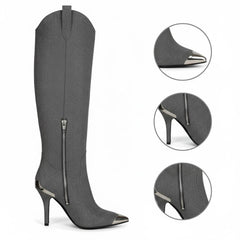 Tuhoomall Stylish High Heel Ankle Boots with Zipper, 10cm Stiletto, Rubber Sole, Metallic Shine, Denim Finish for Fashion, Casual, Office