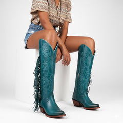 Tuhoomall Fringe Western Knee High Boots for Women, Soft Vegan Suede, Embroidered Design, Perfect for Vintage, Casual, and Party Wear