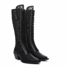 Tuhoomall Knee-High Boots With Lace-Up Design, Pointed Toe, Rubber Sole, Vintage Style, Embroidered Mesh, Casual All-Season Footwear Tuhoomall