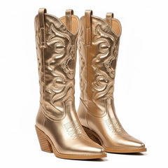 Tuhoomall Comfortable Western Boots for Women – 6cm Low Chunky Heel, Slip-On Design with Floral Embroidery - Fashionable All-Season Style