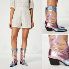 Tuhoomall Colorful Metallic Western Mid Calf Boots with Embroidery, Pointed Toe, Comfort Block Heel for Casual Wear