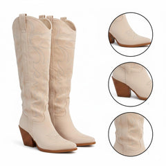 Tuhoomall Western Mid Calf Boots With Floral Embroidery And Rhinestones, Casual Style For Parties And Travel, Comfortable Rubber Sole, Chunky Heel 3.00 in